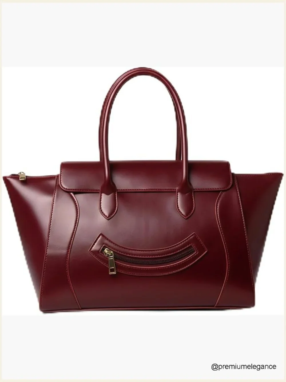 Large Burgundy Leather Tote Handbag with Front Zip Pocket